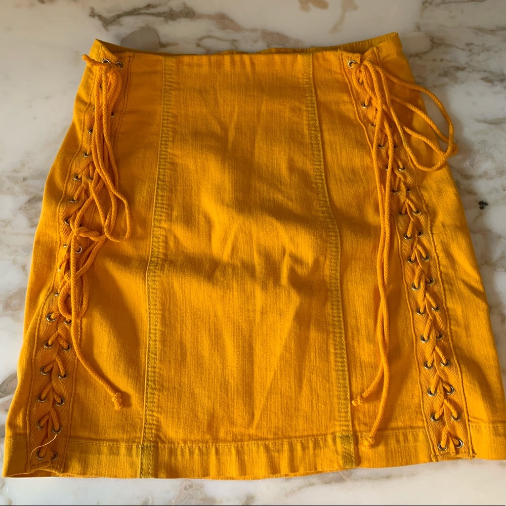 LF Carmar Denim Yellow Side Tie mini skirt